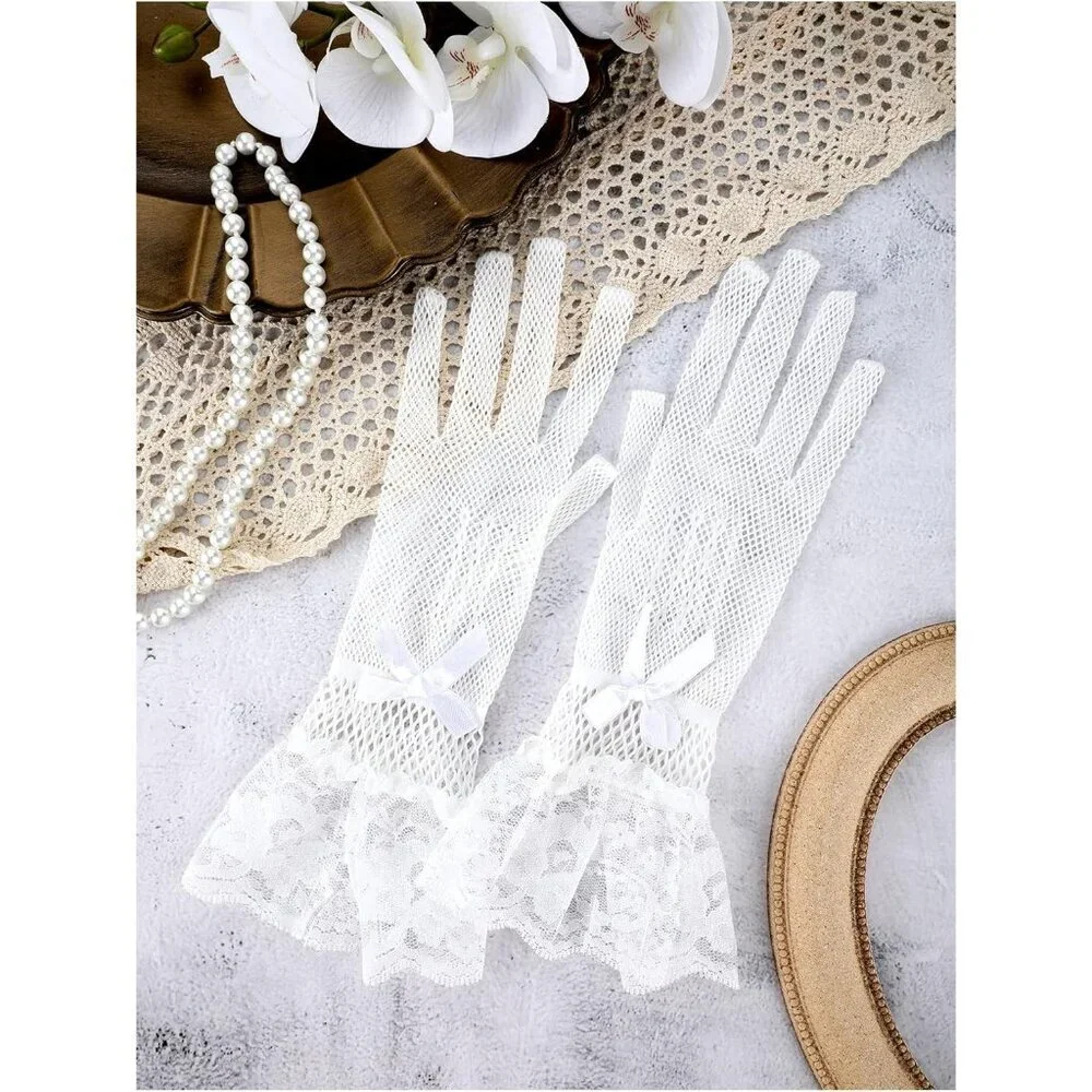 Women's Elegant Cream Short Bow Style Lace Gloves Dinner Wedding Party Prom